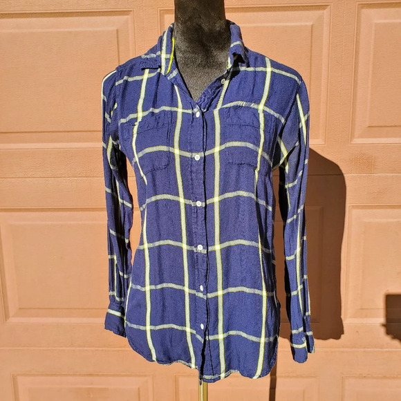Stylus Blue White Lime Green Plaid Flannel Buttondown Top Women's Size Medium - Picture 2 of 15